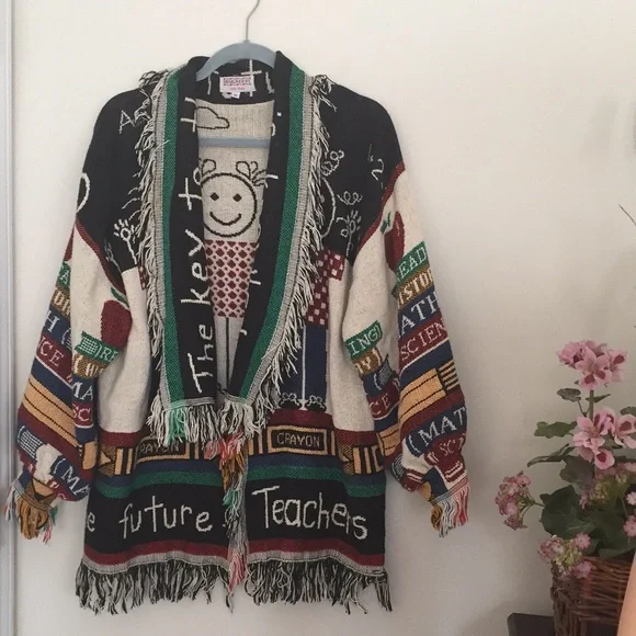 NWOT Lindy Dodds Artwear Fringe Knit Cardigan Jacket Teacher Theme - Picture 6 of 12